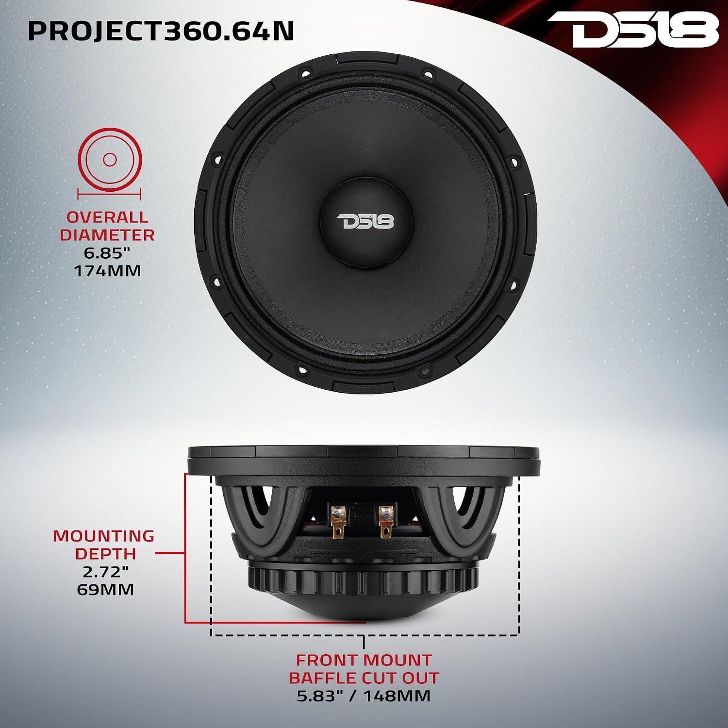 DS18 PROJECT360 6.5” High Sensitivity Mid-High Loudspeaker with Neodymium Magnet - 350W RMS 4-Ohm - Rotating Recone Design for Quick Repair