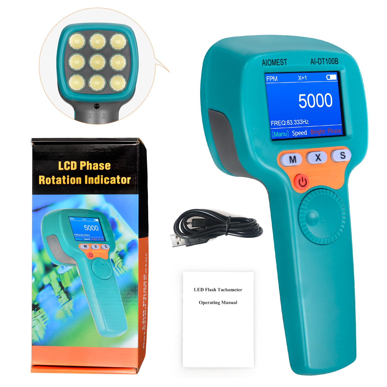 Stroboskop Digitales Drehzahlmesser Berührungslos, AIOMEST LED Strobe Tachometer 0,001% Präzision, 999.999 U/min/Hz, 1500 LUX Einstellbares Stroboskoplicht, Datenprotokollierung für Motor, Industrie