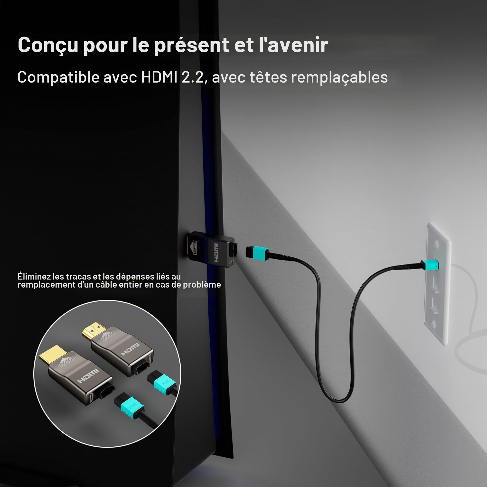 RUIPRO Câble HDMI 8K 10M Détachable en Fibre Optique Pure, Armé en Acier Inoxydable, HDMI 2.1 Ultra Haute Vitesse 48Gbps, 8K@60Hz 4K@120Hz, HDR, eARC, Compatible avec PS5, Xbox, TV, Projecteur