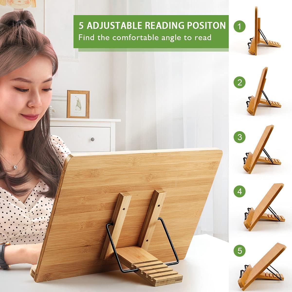 Bamboo Book Stand, MOMSIV Adjustable Book Holder for Kitchen & Office Reading Desk Portable Cookbook Stand Textbooks Books Stand Tray and Page Paper Clips (13.2 x 9.3inches)