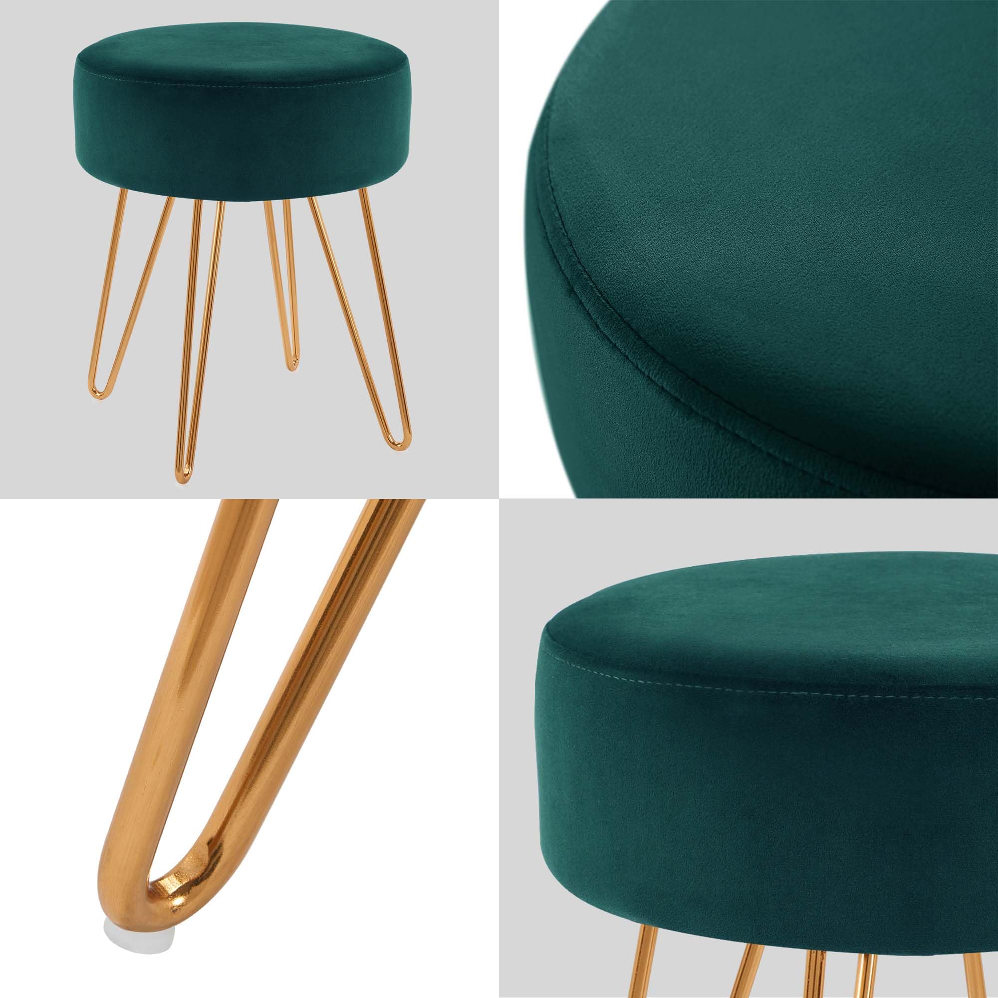 DUHOME Tabouret Ottomande en Velvet Chaise Coiffeuse Ronde avec Pieds Métalliques Pouf pour Salon Chambre, Vert Foncé