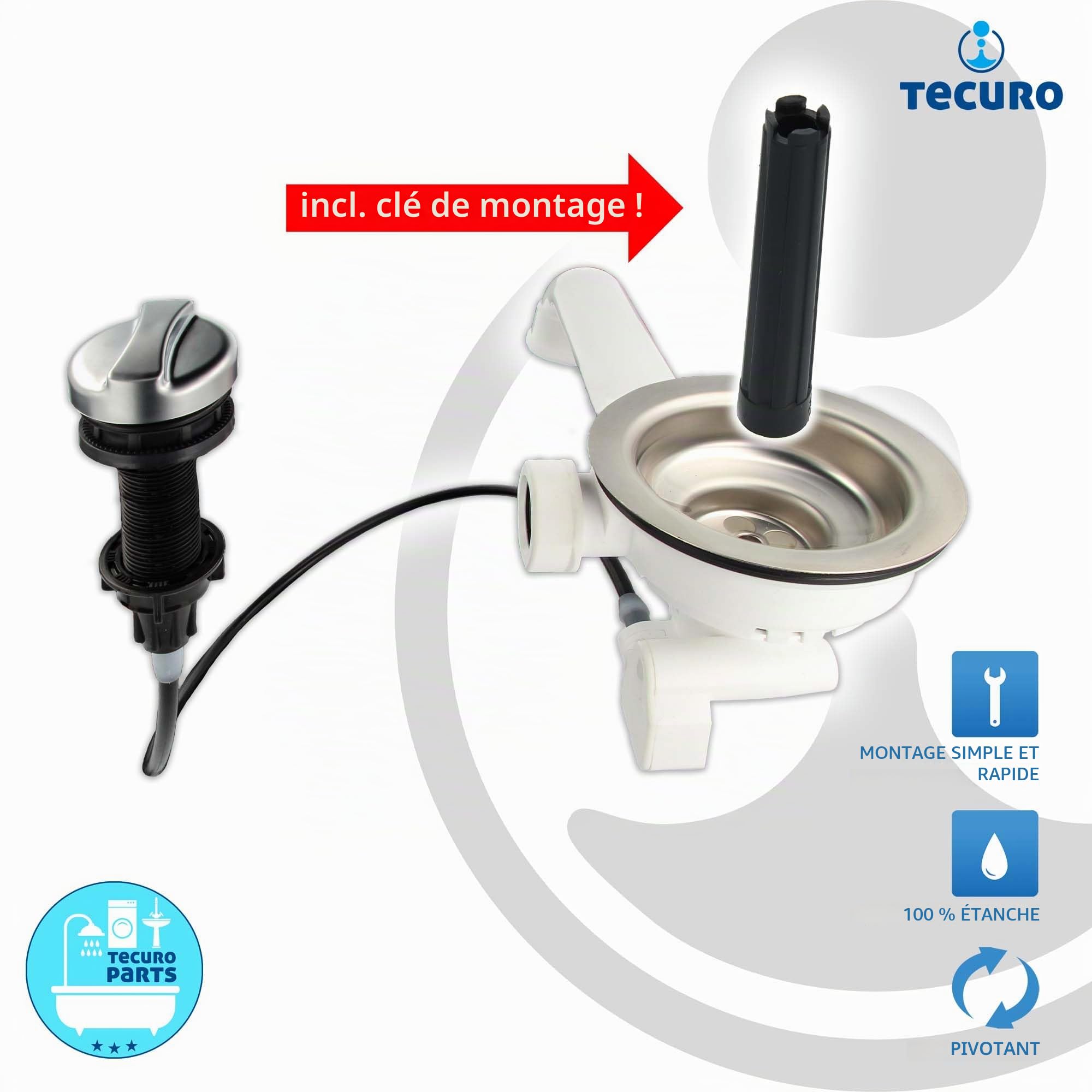 tecuro Bonde pour évier avec tamis 3 1/2'' - diamètre 114 mm - avec câble et commande rotative, Acier inoxydable