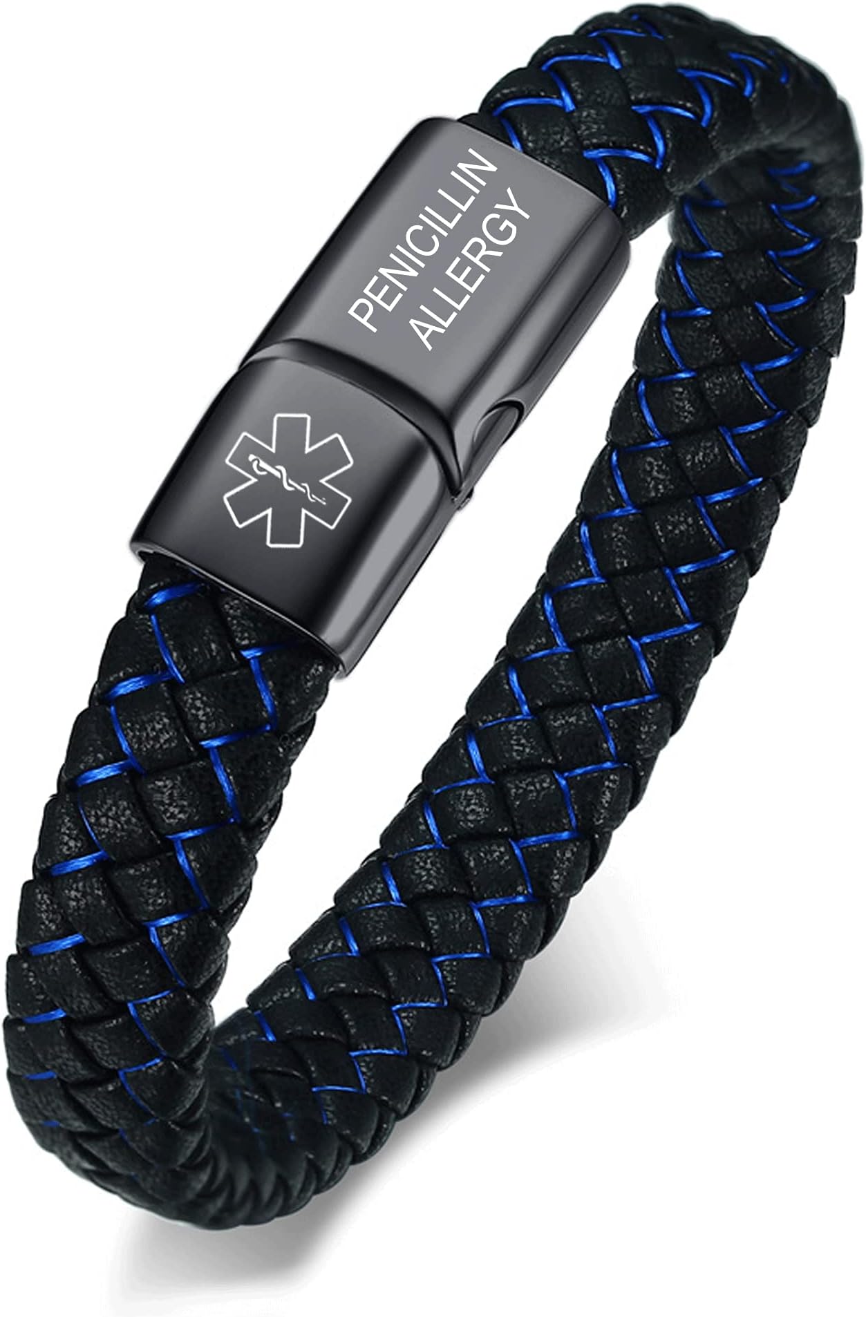VNOX Blue Braided Leather Medical Symbol Caduceus with Magnetic Clasp Cuff Wristband Bracelet,6-8.3 Inches