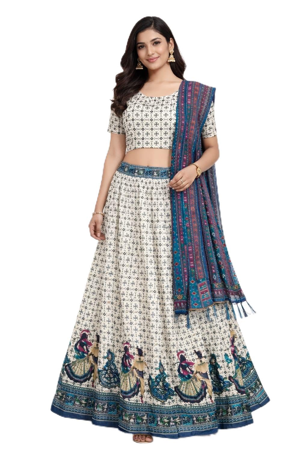 Women's Printed Lehenga Choli Set with Dupatta, Off-White and Blue, Traditional Indian Ethnic Wear-picture-27