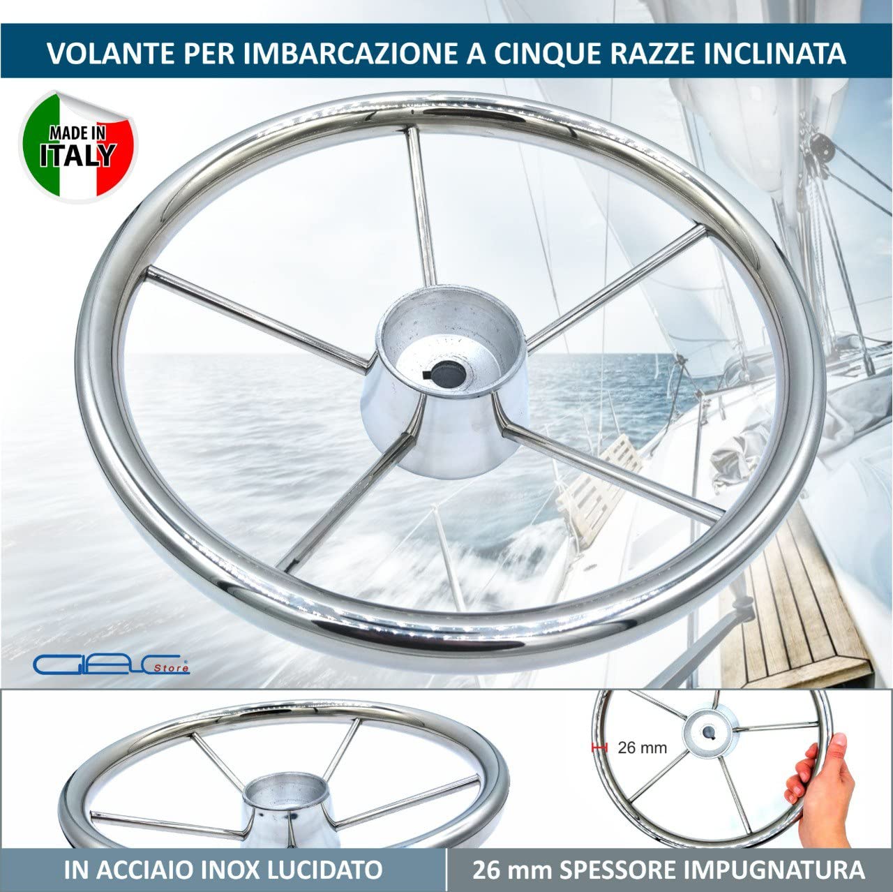 Volante Timone Nautico per Barca a 5 razze Inclinate Mozzo in Acciaio Inox Lucidato Diametro 32, 35, 40, 45 cm coperchio in Legno (Diametro 35 Cm)