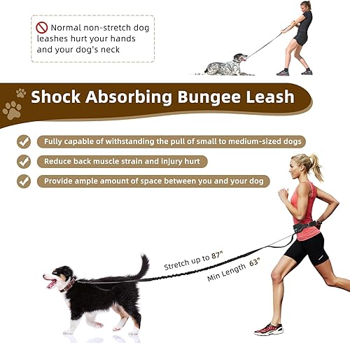 Miniatura 2 de Correa para perro manos libres con bolsa con cremallera, correa elástica reflectante retráctil de doble asa para perros pequeños y medianos, correr,