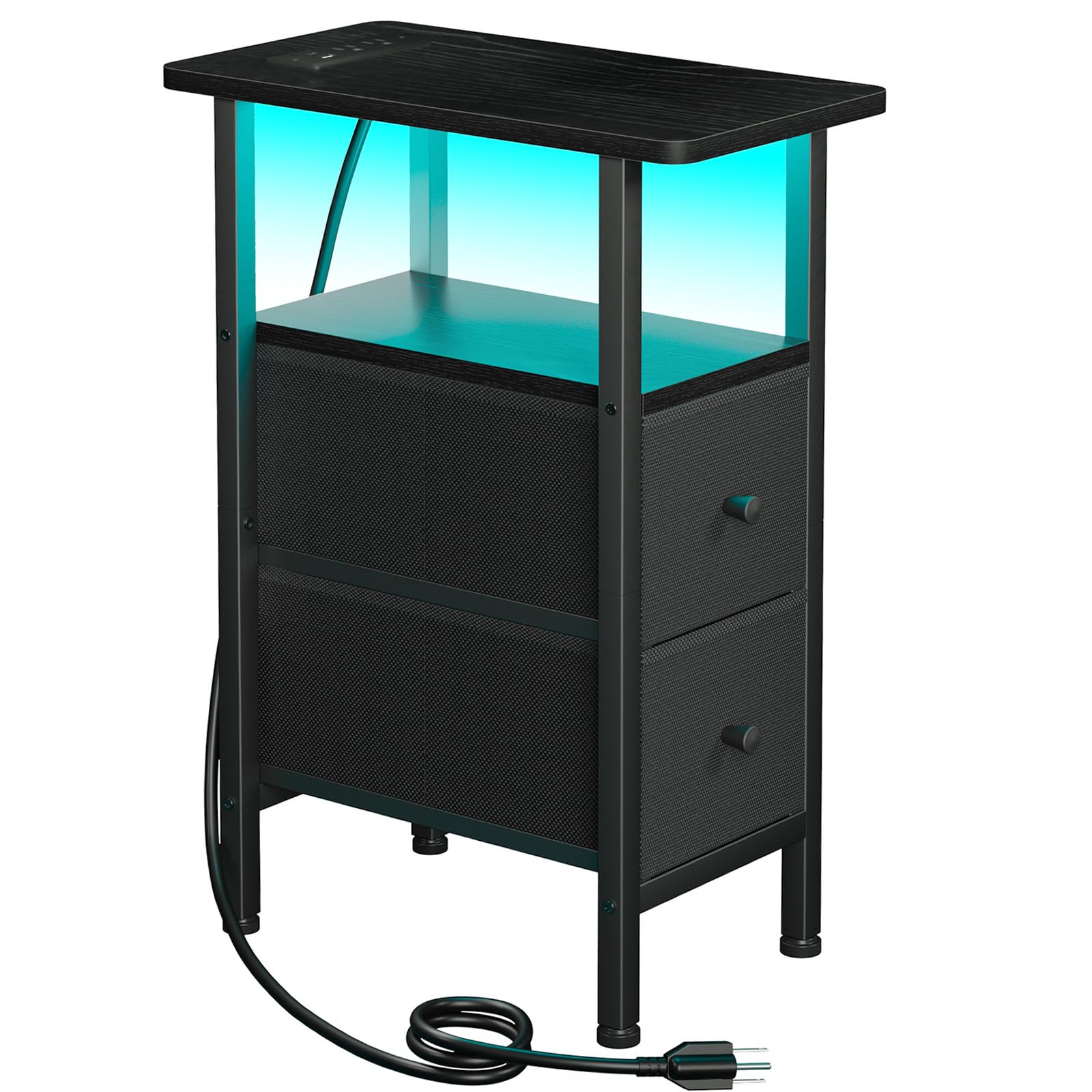 LOAKEKEL Narrow End Table Living Room with Charging Station, Skinny Side Table with Fabric Drawers, Slim LED Nightstand for Bedroom, Small Spaces,