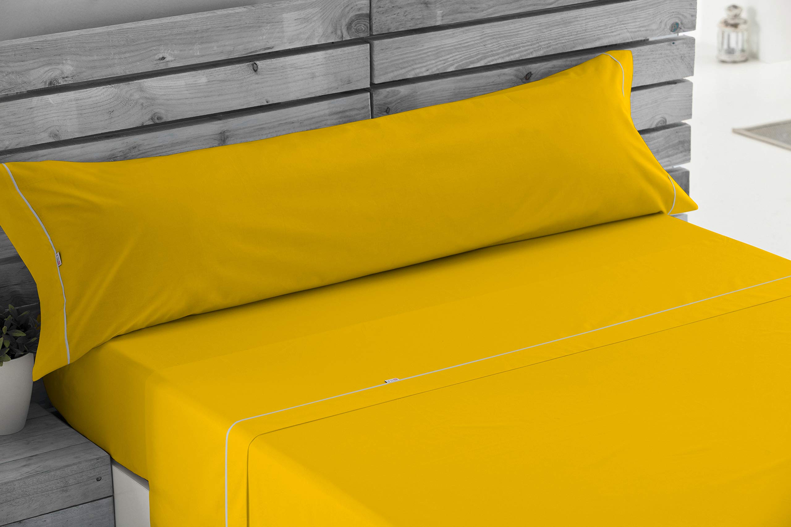 Juego de sábanas liso color mostaza - Cama de 180 (4 piezas) - 50% algodón / 50% poliéster - 144 hilos. Gramage: 115