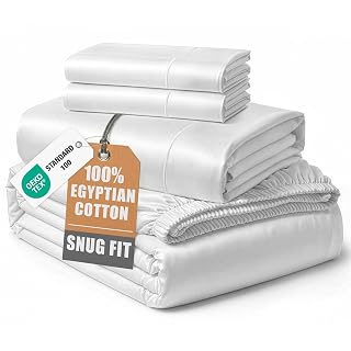 100% Egyptian Cotton Sheets Queen Size - Naturally Cooling & Breathable 4 Piece Silky Sateen Weave Queen Sheet Set, Ultra-Soft & Durable Hotel Luxury Sheets with 15" Snug Fit Deep Pockets - White - Amazon product rated Grade A