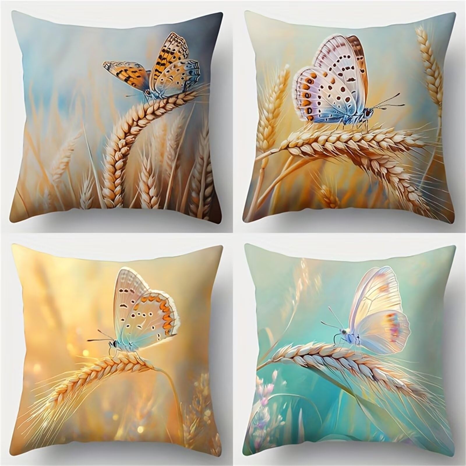 Housse de Coussin Exterieur Impermeable 65x65 cm Lot de 4 Taie d'oreiller Canapé Décoratif Blé Papillon Housse Coussin Salon de Jardin Exterieur pour Chambre Sofa Jardin Balcon Terrasse