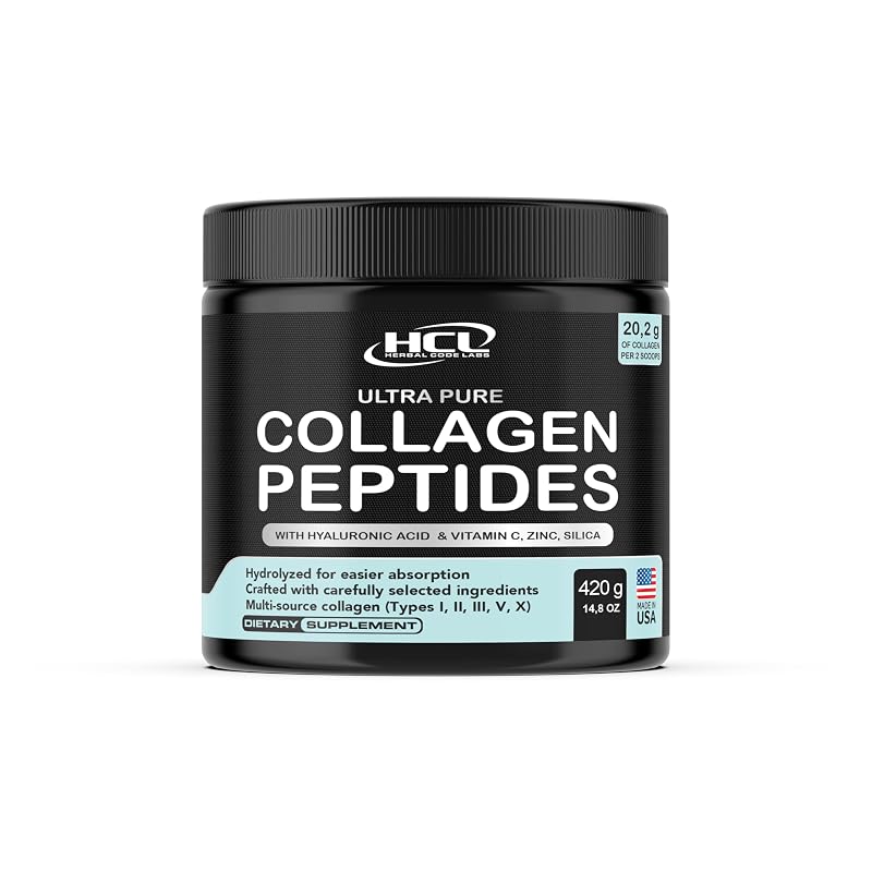 HCL HERBAL CODE LABS Suplemento para cabelos e pele com peptídeos de colágeno, vitamina C, ácido hialurônico, sílica e zinco, 357,9 g
