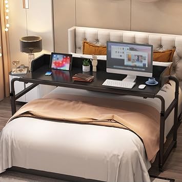 Overbed Desk Adjustable 115-210cm, Overbed Table with Wheels Standing Workstation Desk Laptop Cart Bed Table Adjust Height 65-95cm for Twin/Full/Queen/King Size Bed Frame,NColorBlack