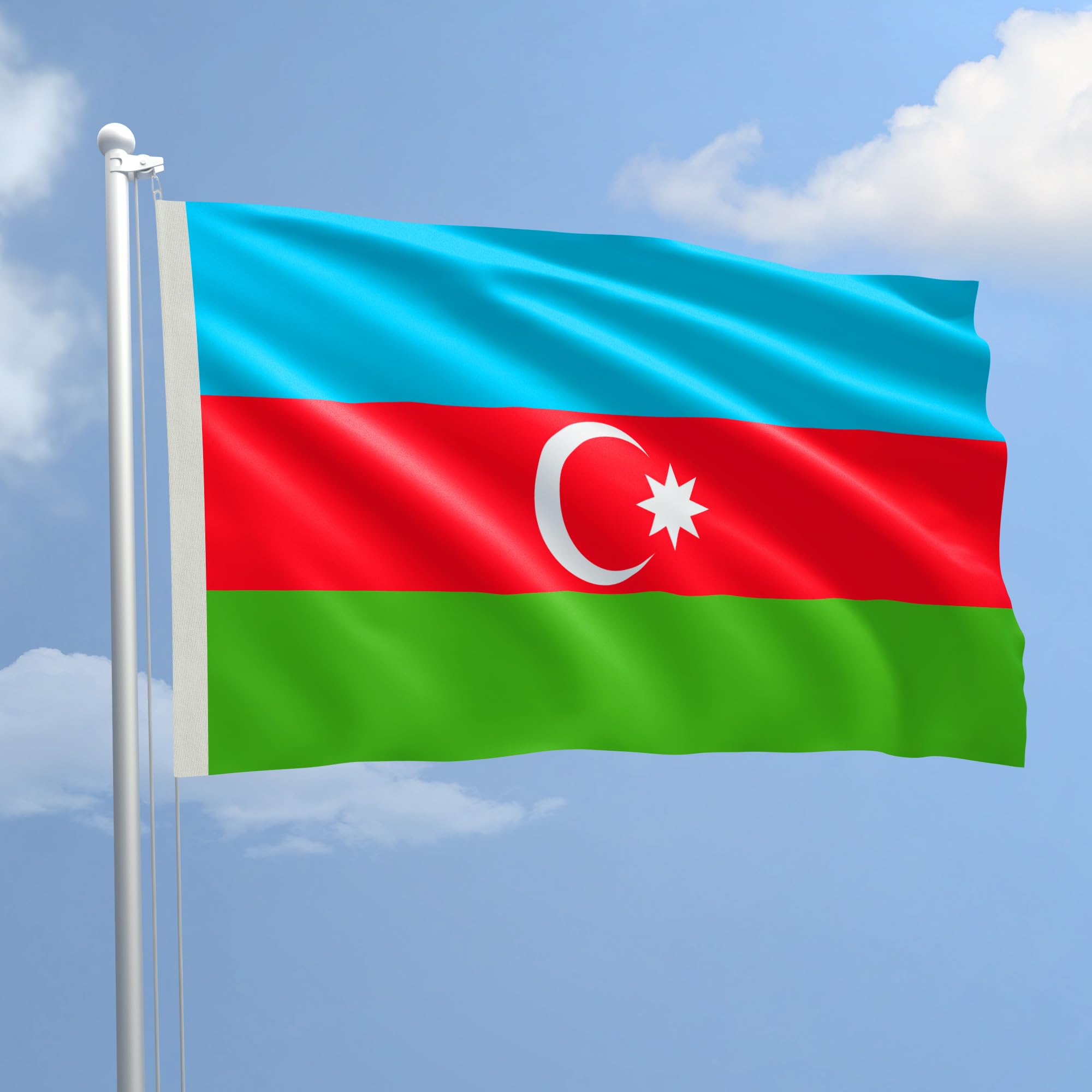 Bandiera Azerbaigian 300 x 450 cm in Poliestere Nautico Ignifugo 115 g/mq per Uso Interno ed Esterno con Finiture Professionali, Doppie Cuciture, Corda e Guaina, Colori Brillanti e Duraturi