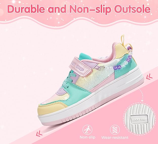 LUCKY STEP Girl's Glitter Sneakers Slip On Hook and Loops Athl... - 5