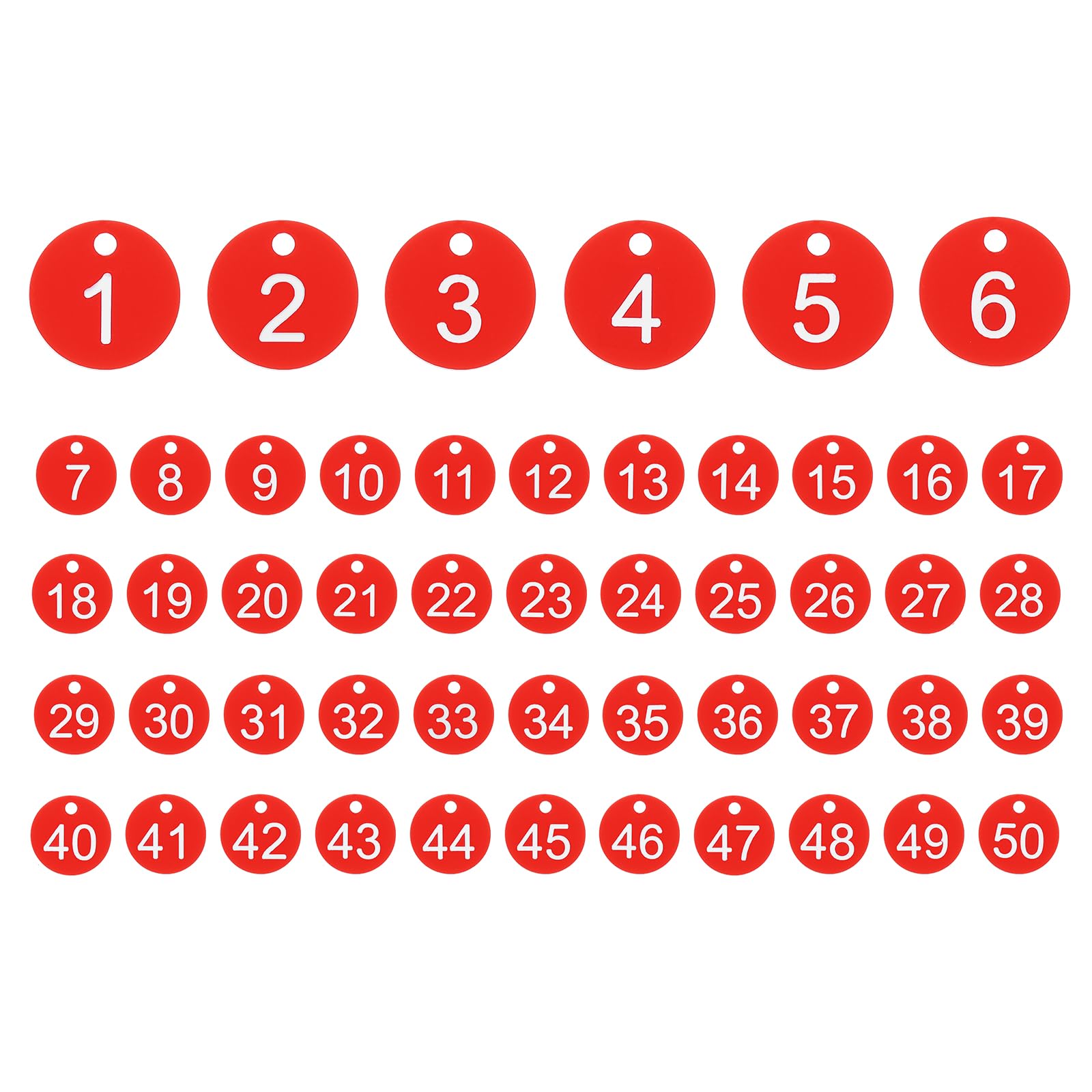 PATIKIL 50PCS Number Tags 1-50, Table Number Key Tags Plastic Numbered Keychain for Organizer Field Sales Hangers Clothes Labels ID, Red