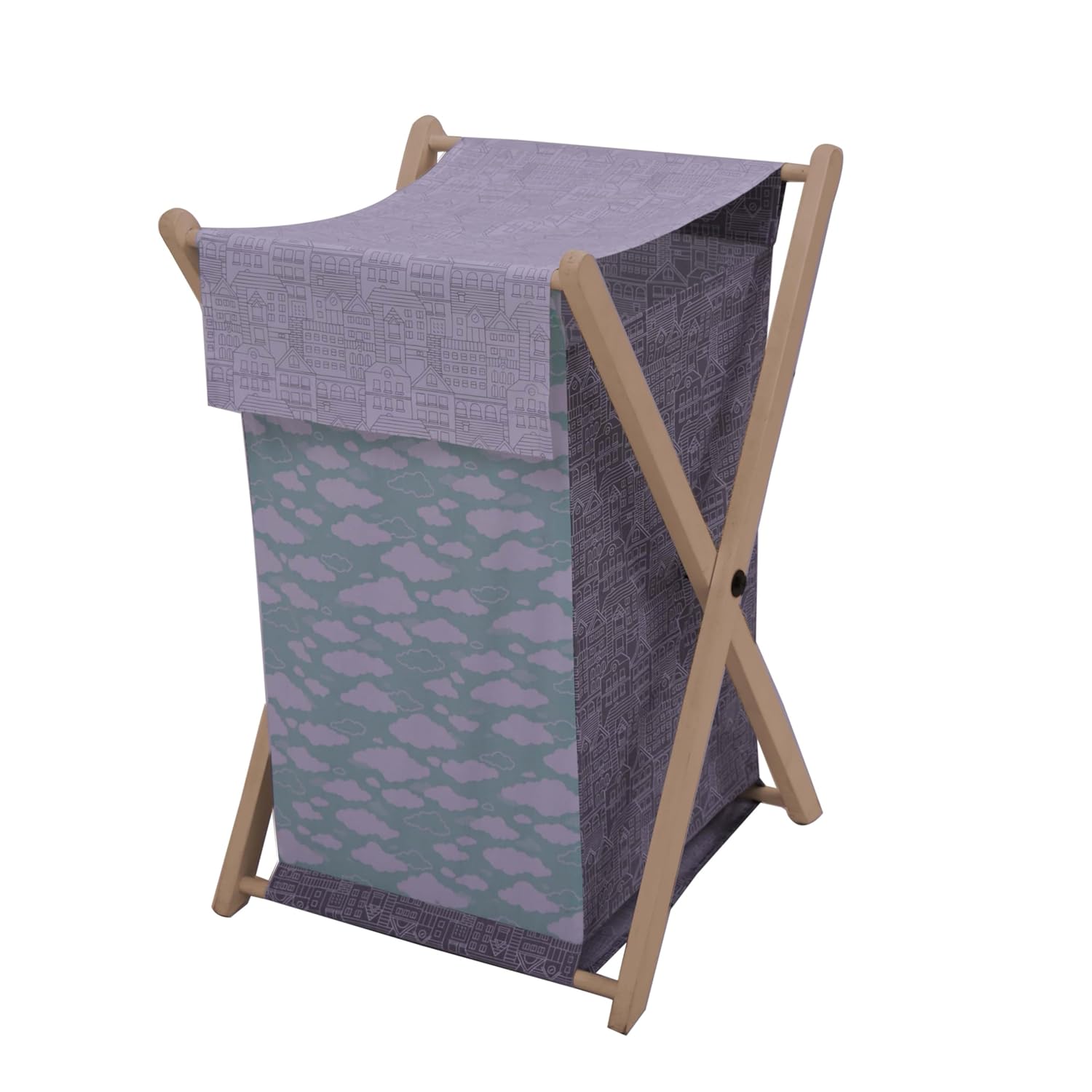 Bacati Clouds in The City Hamper with Wooden Frame, Mint/Grey
