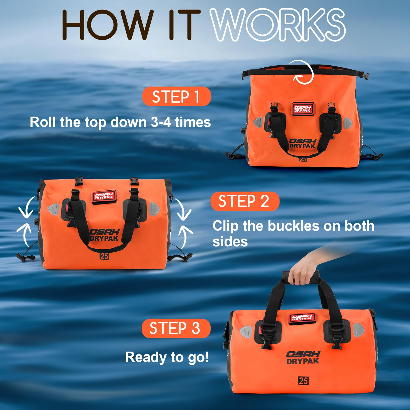 OSAH DRYPAK Bolso de Lona Impermeable - Bolsa estanca para Moto con Gran Capacidad de Almacenamiento, Viajes, Acampada, Kayak, Pesca