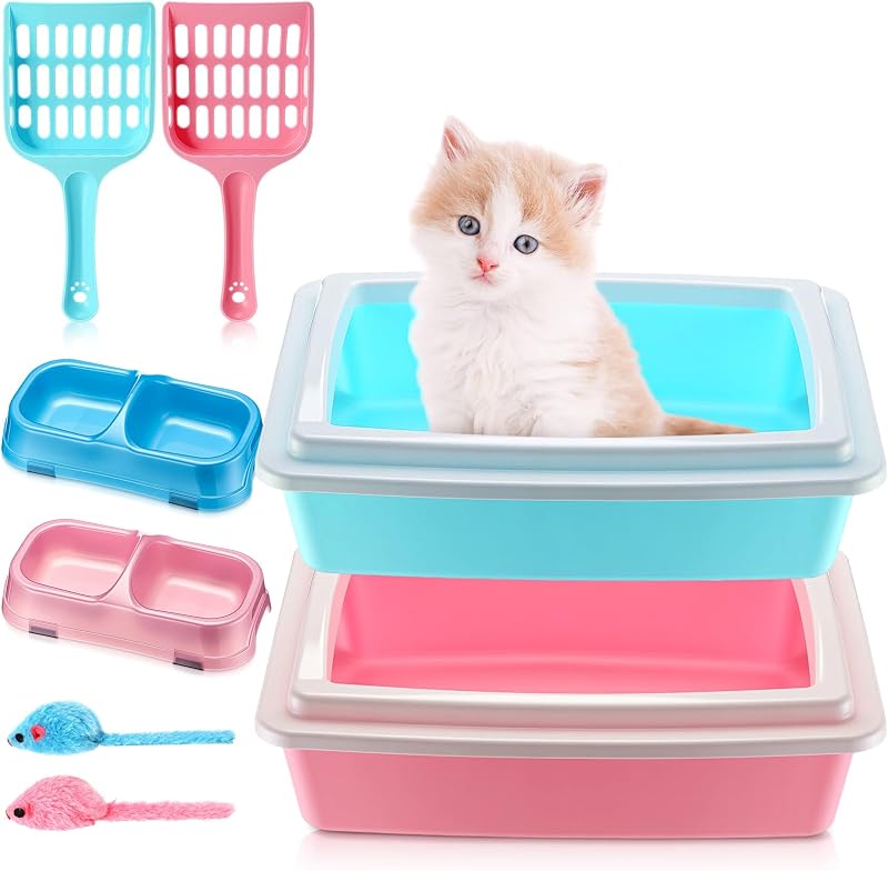 Kit de caixa de areia para gatos filhotes Beeveer com entrada baixa, comedouros, pás e brinquedos – Pacote com 2