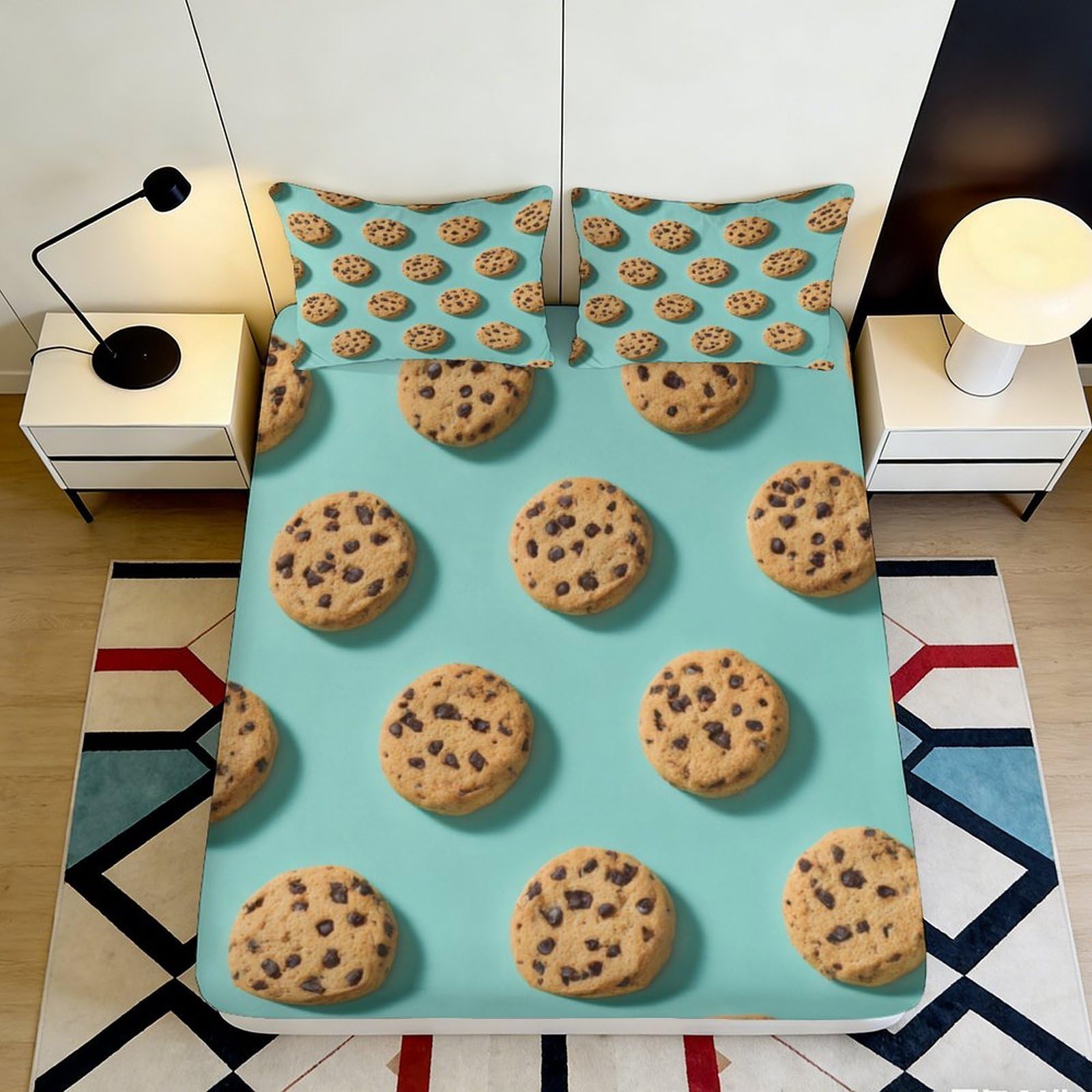 3D Printed Chocolate Cookie Pattern Fitted Sheet Microfiber Soft Anti-Slip Turquoise Bed Sheet for Bedroom Dorm 120x200x25cm
