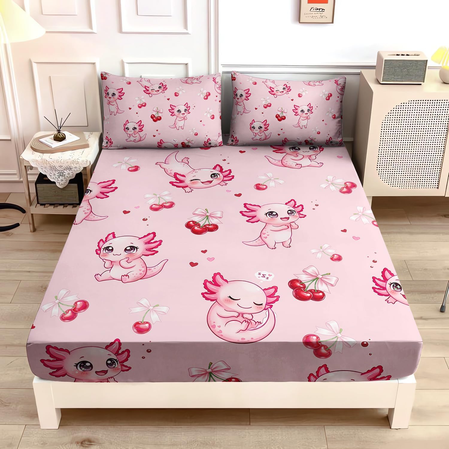 Princess Bedding Cute Mermaid Pattern Full Fitted Sheet Set,Star Jellyfish Ocean Themed Bedding Sets for Kids Toddlers Girls Boys Room Decor,1 Fitted Sheet + 2 Pillowcases.