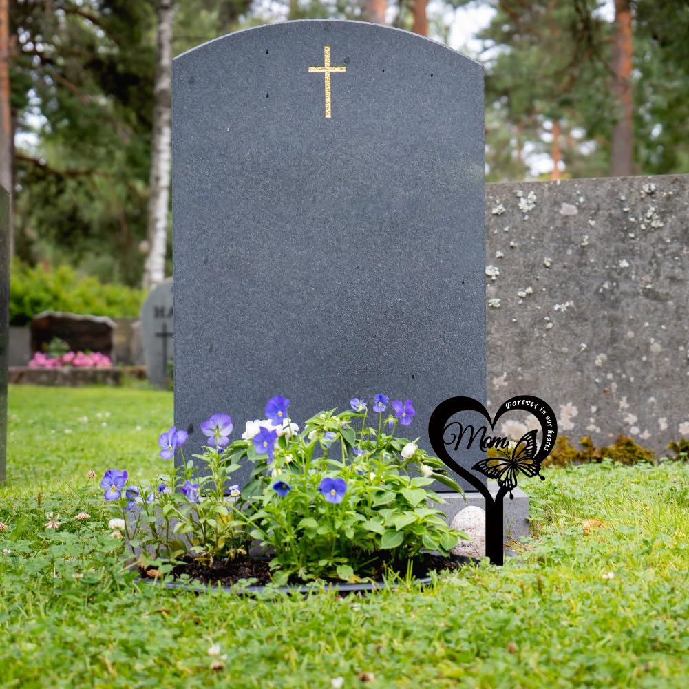 EQLEF Graveside Memorial Stakes for Mom Memorial Plaque Stake in Heart Shape with Butterfly Durable Metal Grave Marker Black Cemetery Memorial Plaque Grave Ornaments Mum - Image 4