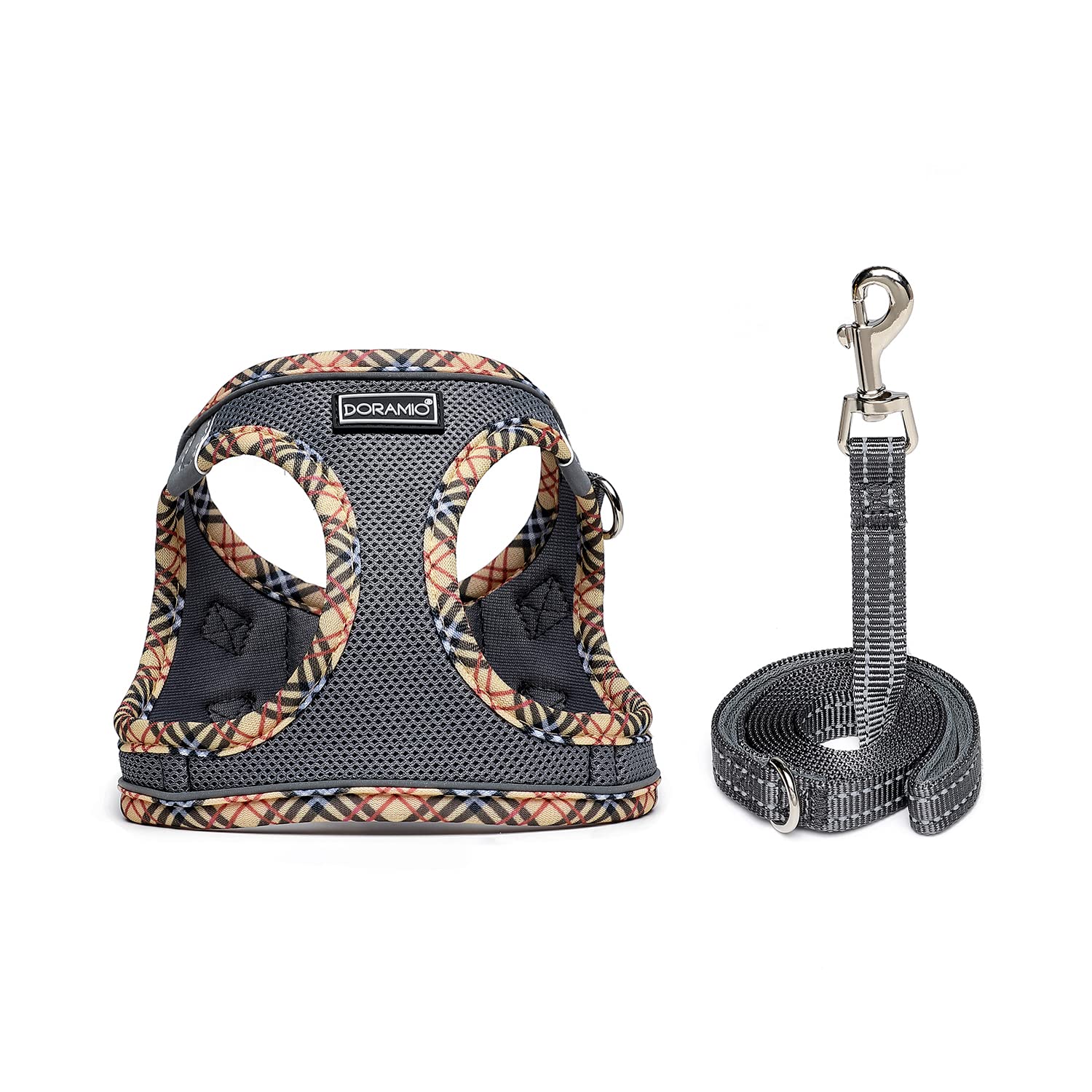 DORAMIO Pettorina Cane Taglia Piccola, Step-in Pettorina per Cani Gatti Cuccioli con Guinzaglio Comodo, Riflettente Traspirante Imbracatura Cane Morbida Imbottito per Passeggiate Corsa (XL, Grigio)