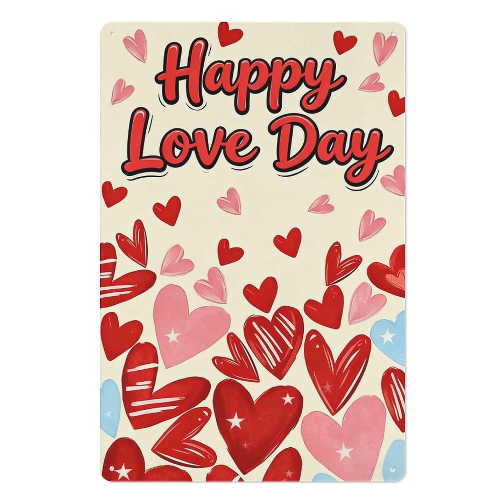 peiyeety Happy Love Day Metal Tin Sign 8x12 Inch – Hand-Drawn Heart Wall Decor Plaque for Valentine’s Day Romantic Gift