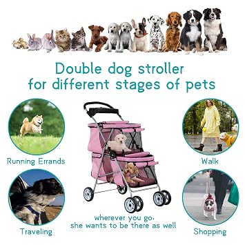 HHS Pet Strollers for 2 Dogs and Cats, Double 4 Wheel Doggie Small Medium Pets with Safety Belts Folding Portable Carriage Cart Storage Basket Travel Jogger, Pink, pinck, 30 x 19 40 Inch