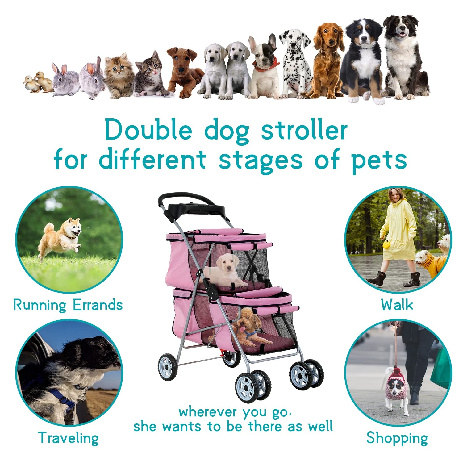 HHS Pet Strollers for 2 Dogs and Cats, Double 4 Wheel Doggie Small Medium Pets with Safety Belts Folding Portable Carriage Cart Storage Basket Travel