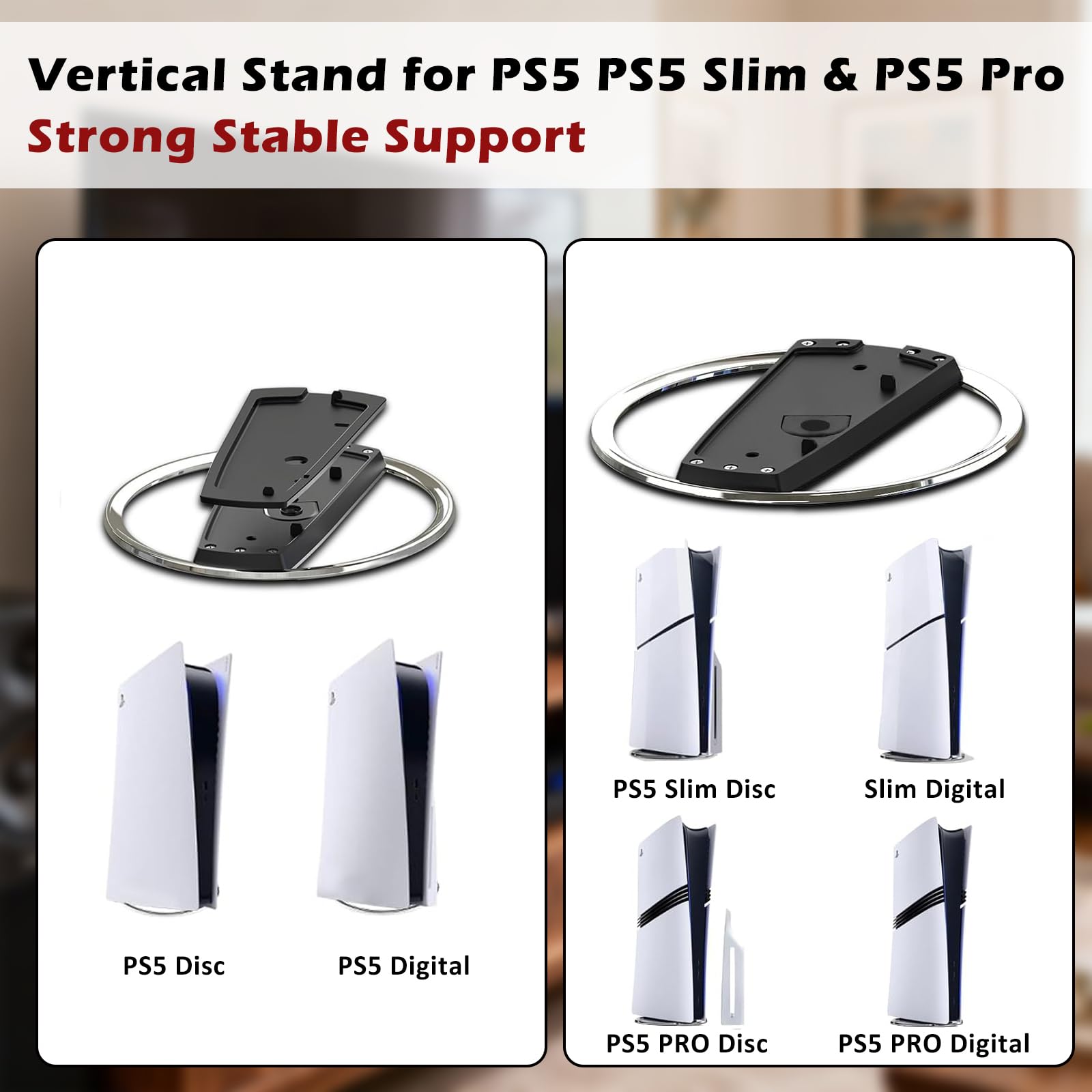 Soporte Vertical para PS5, PS5 Slim y PS5 Pro, Base Vertical de Metal Antideslizante con Tornillo Incluido, Compatible con Todos los Modelos de PlayStation 5 (Edición con Disco y Digital)