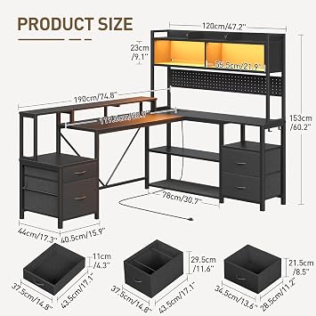 RALGEND L Shaped Gaming Desk with Storage Drawers & Shelves, Power Outlets