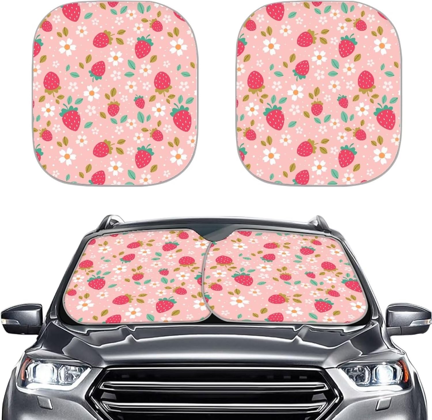 Coldinair Strawberry 2-Piece Windshield Sun Shade Foldable Windshield Cover Sun Shade for SUV & Truck,Cute Flower UV Ray Blocker Keeps Your Vehicle Cool Windshield Cover Sun Shade