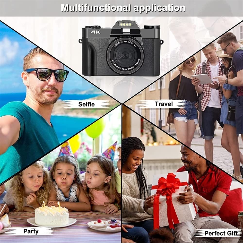 Caméra vidéo Caméscope Appareil Photo numérique 48MP Caméscope 4K Vlog 3.0quot;Webcam Selfie à écran Rabattable 180 ° for Objectif Macro Grand Angle(64G TFCard,with Lens Filter)