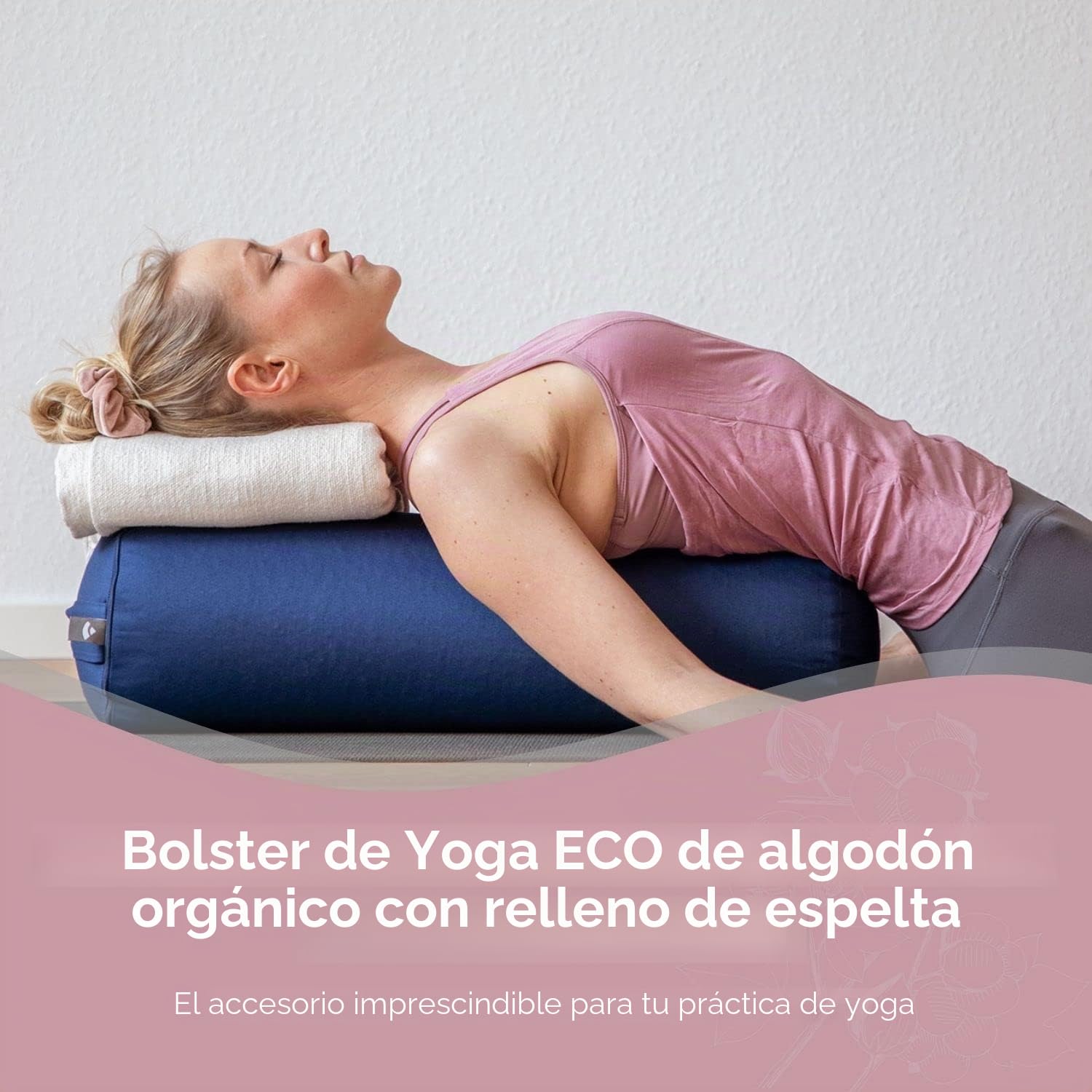 Bodhi | Yoga Bolster ECO | 100% algodón orgánico | Rollo de Yogaroll con relleno de espelta orgánica | Lavable | Cojín de yoga redondo para ejercicios de yoga restaurativos | Grande 65 x 20 cm
