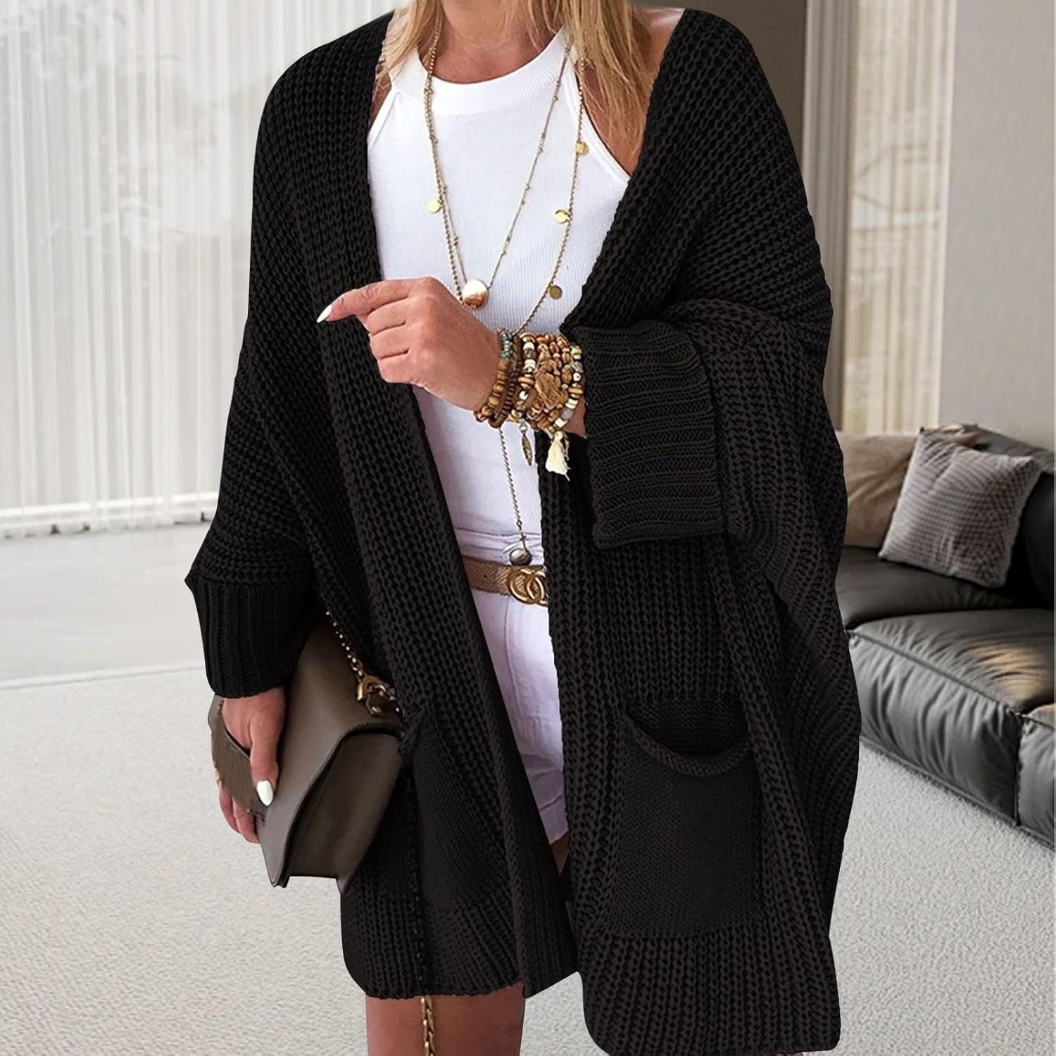 Women's Long Oversized Open Front Cardigan - Plus Size Batwing Sleeve Casual Chunky Knit Sweater for Fall Winter - Image 4