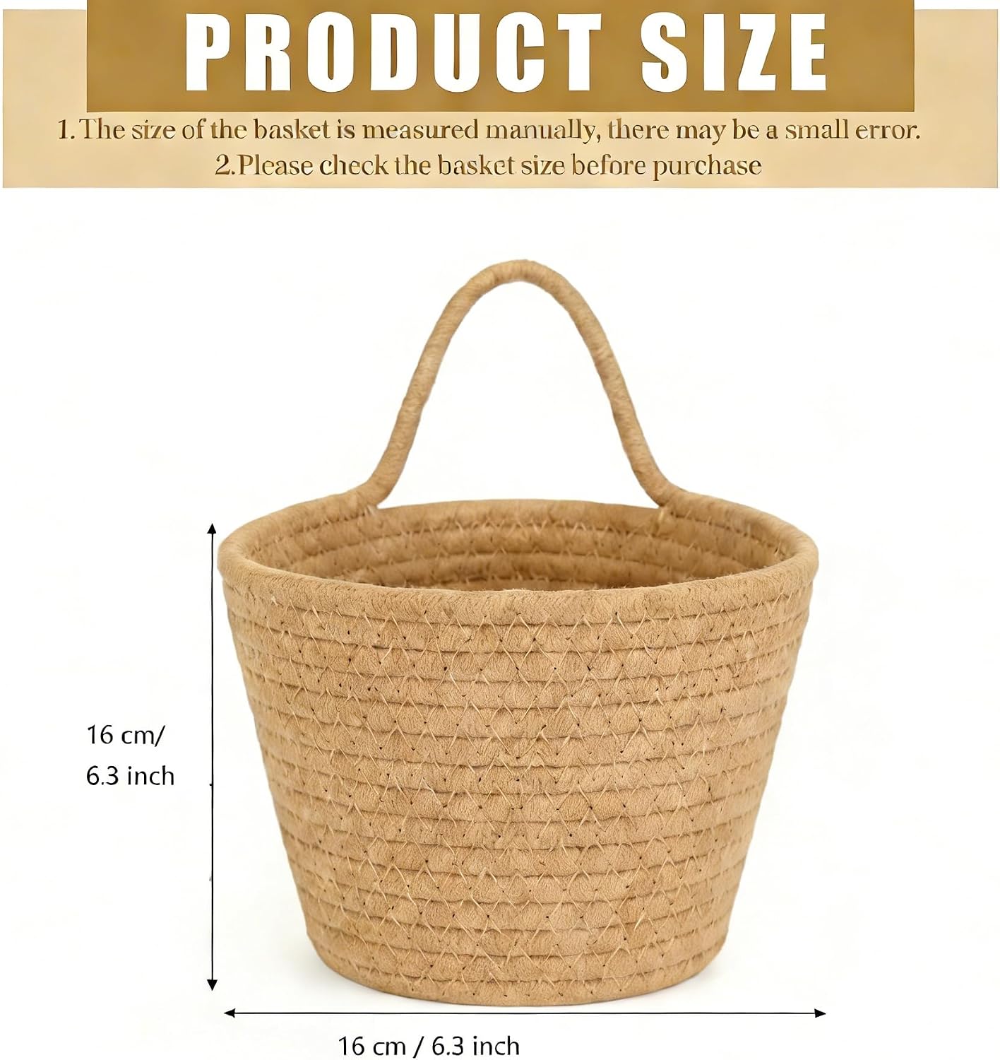Khaki Cotton Rope Storage Baskets 3 Pack with Adhesive Hooks | 6.3"×6.3", Wall & Desktop Hanging, Nursery Organizer, For Plants, Keys, Office Supplies & Makeup