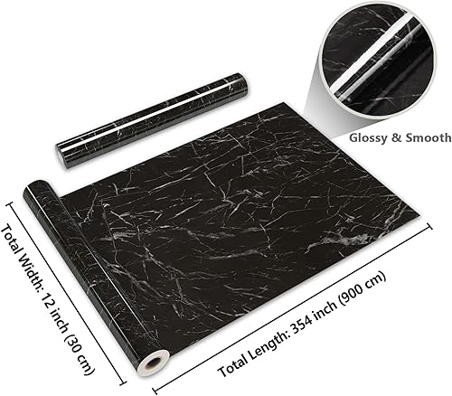 Miniatura 8 de CRE8TIVE Papel de contacto de mármol negro para encimeras, papel tapiz de mármol brillante impermeable para despegar y pegar, autoadhesivo, rollo de