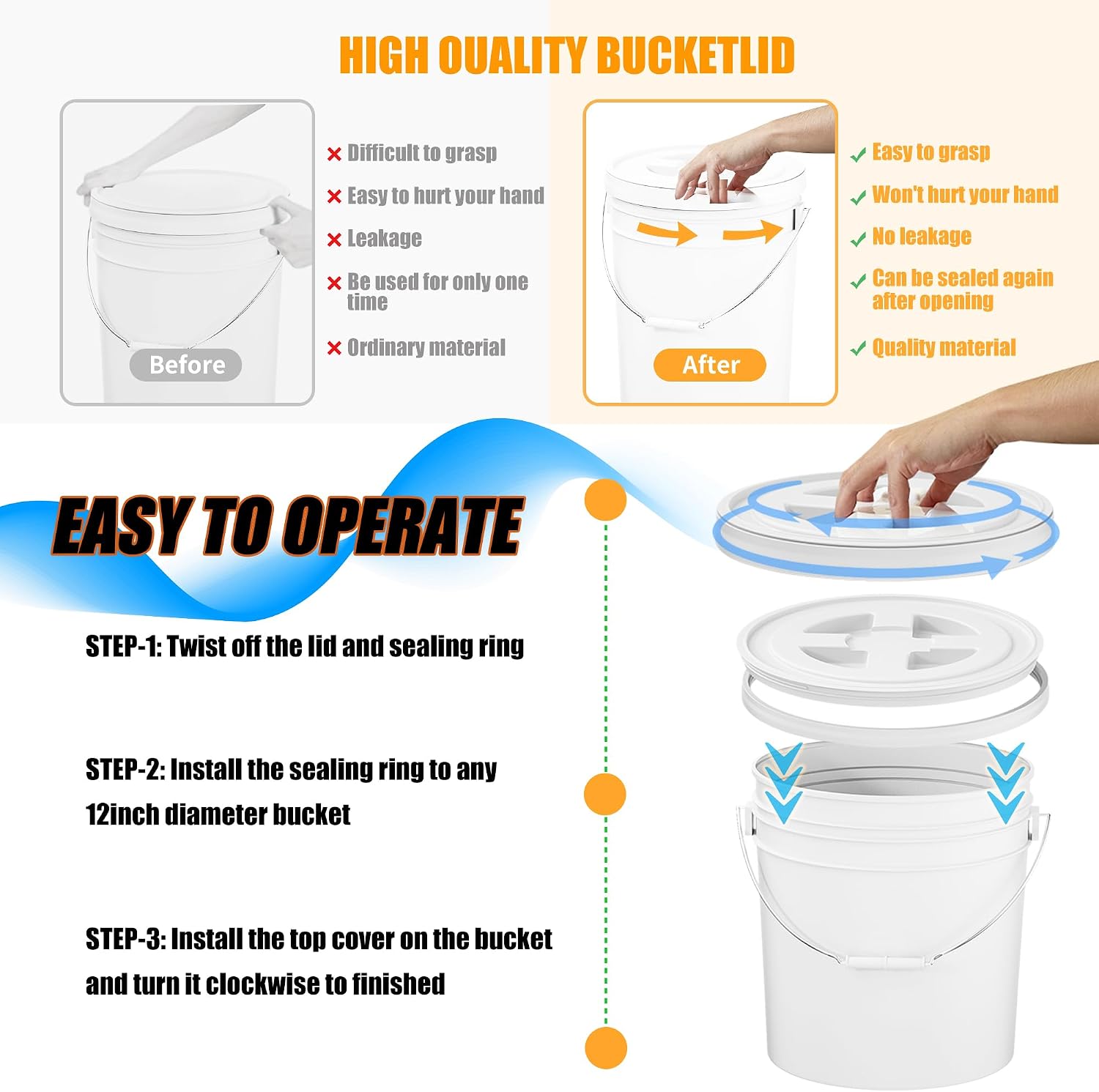 4 Pieces 5 Gallon White Bucket Lids, 12inch Leak-proof Plastic Seal Screw Top Airtight Lids, Reusable Drum & Pail Lid for Pet Food Storage, Home Paint Storage and Industrial Storage Buckets