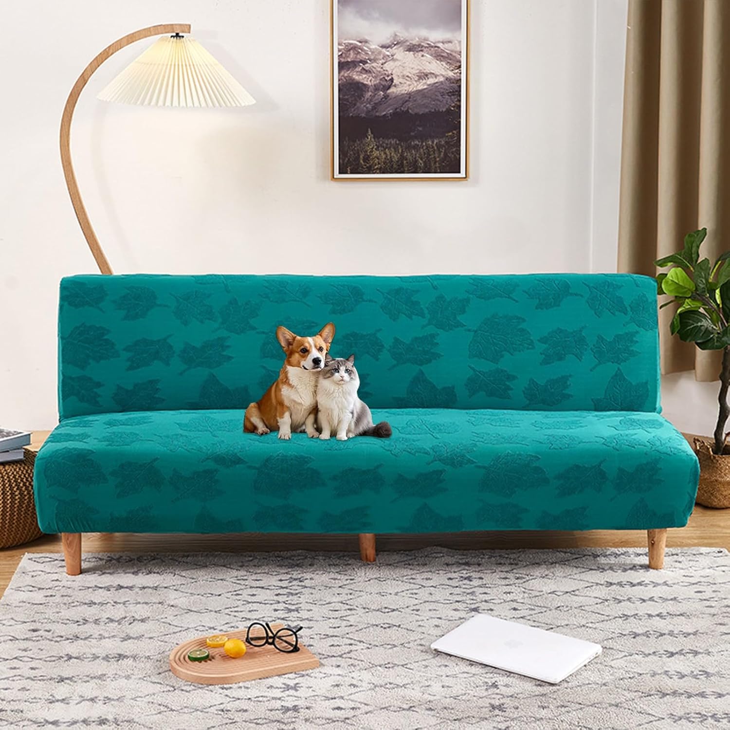 Armless Sofa Cover Stretch Folding Pet-Friendly Futon Covers Full Size Soft Sofa Bed Slipcover Furniture Protector Green