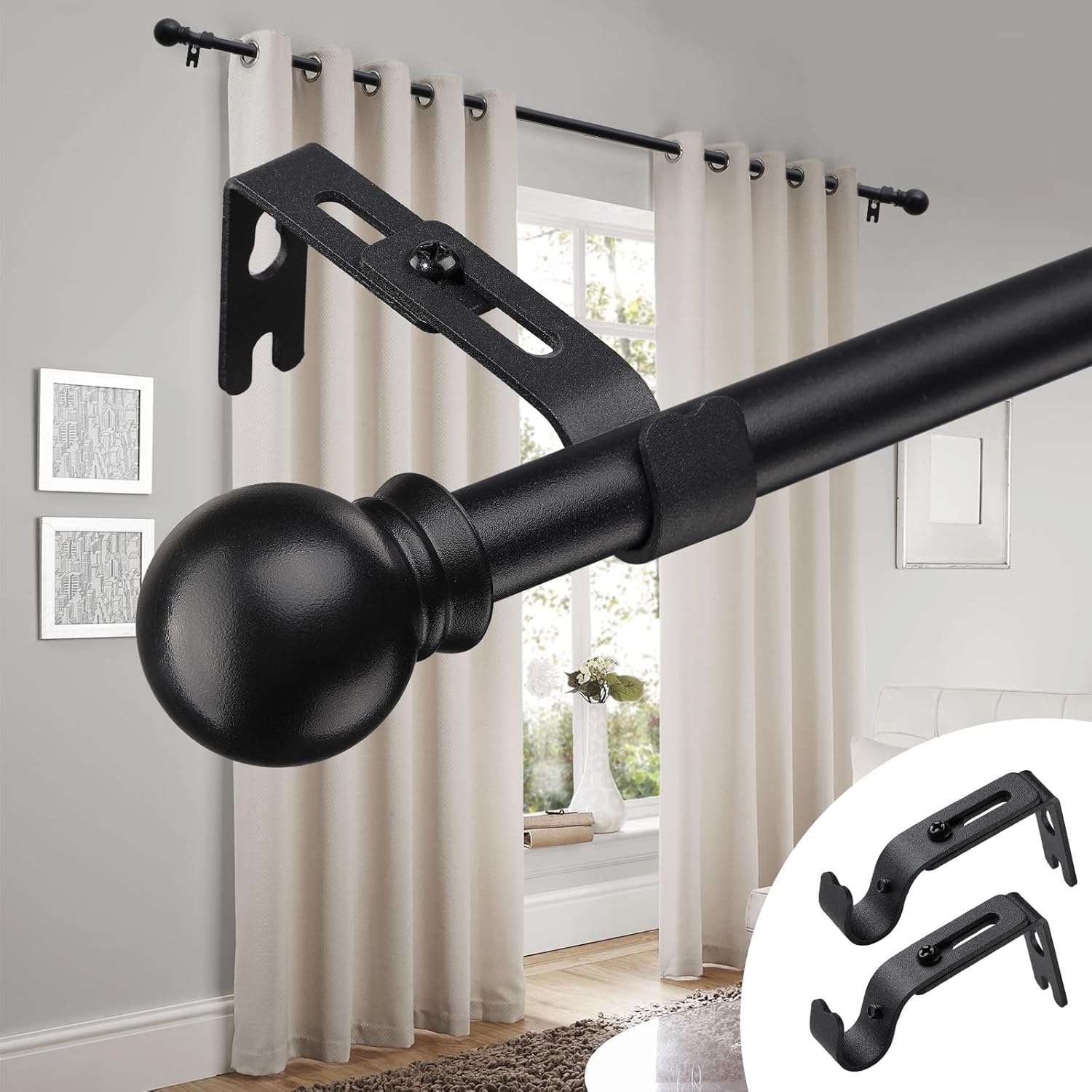 Curtain Rods, Matte Black Curtain Rod for Windows 48 to 84
