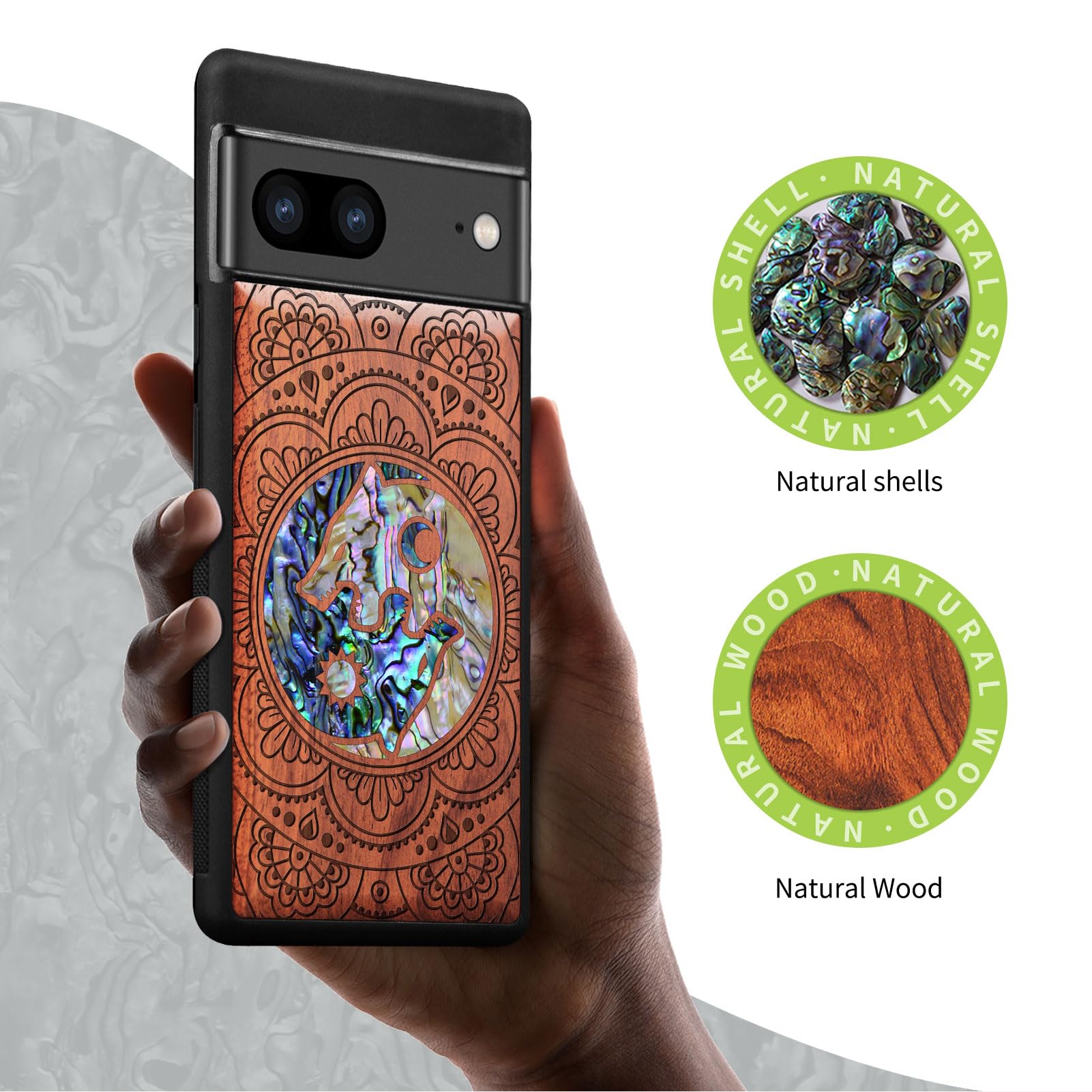 Carveit Custodia in Legno per Google Pixel 7 Cover, Paraurti Robusto TPU Case, Antiurto Protezione Compatibile con Pixel 7 Custodia (Rosea-Alfabeto futhark