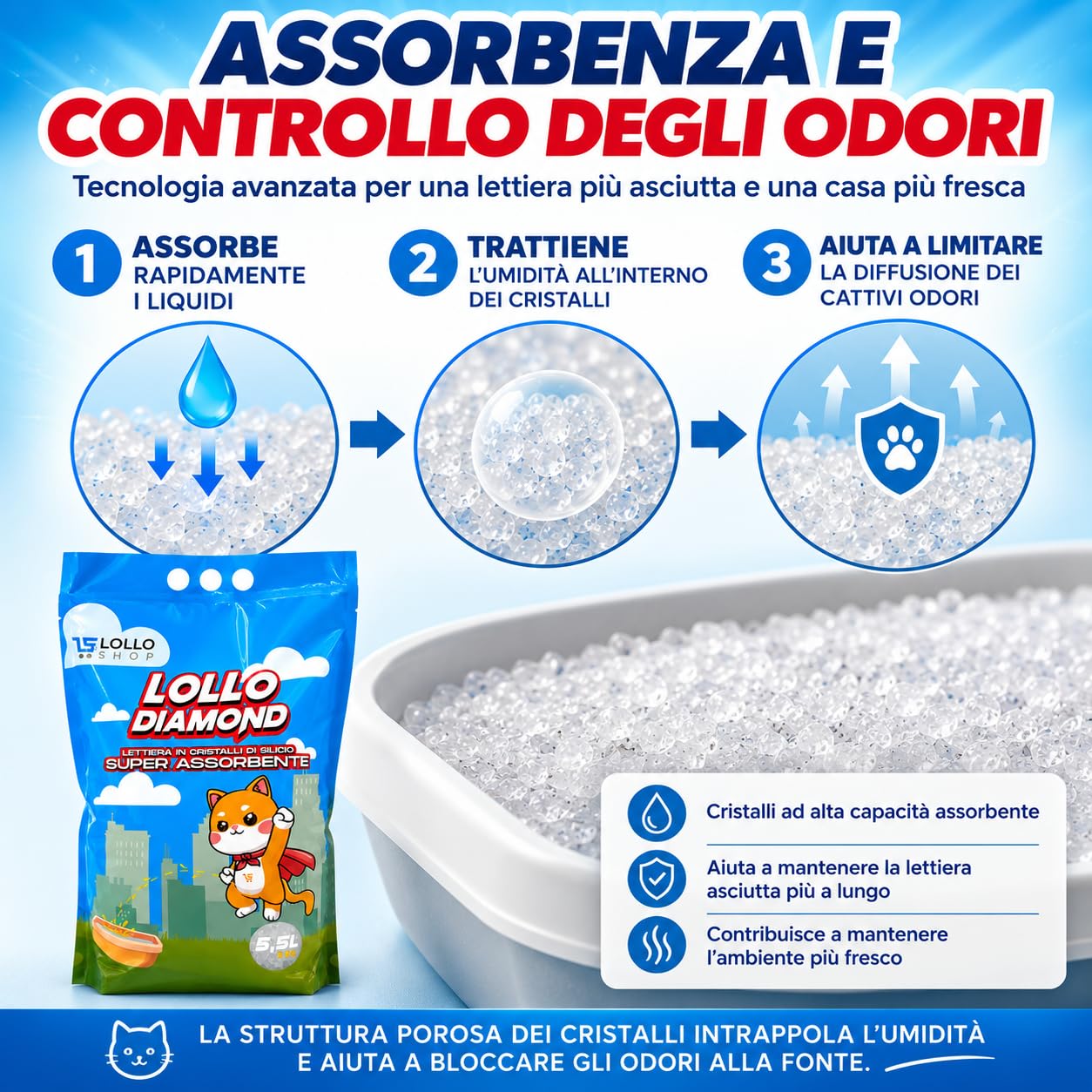 Lollo Diamond Lettiera Gatti in Cristalli di Silicio, 8 x 5,5 L, 44 Litri | Alta assorbenza, controllo degli odori e bassa polverosità; granuli delicati, ideali anche per case con più gatti