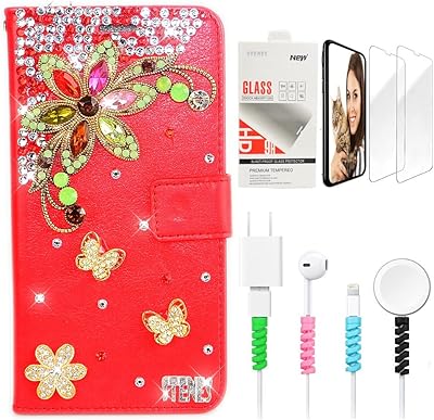 STENES Bling Wallet Phone Case Compatible with OnePlus Nord N200 5G Case - Stylish - 3D Handmade Retro Flowers Butterfly Glitter Wallet Leather Cover with Screen Protector & Cable Protector - Red