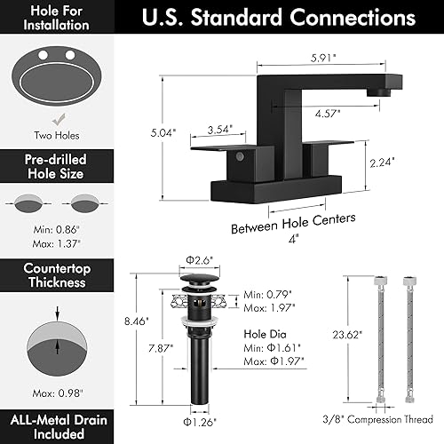 Miniatura 6 de Grifo de baño negro de 4 pulgadas con tapón de fregadero de baño sin desbordamiento, acero inoxidable SUS304, certificado NSF sin plomo,