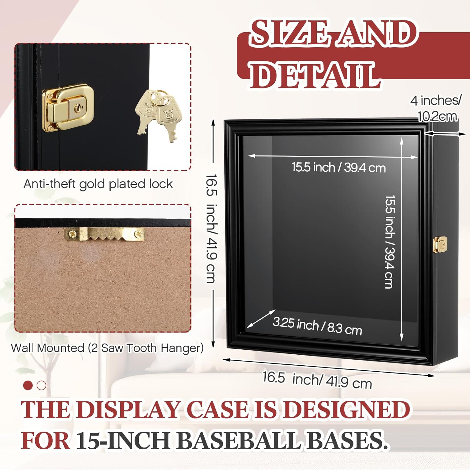 15'' baseball base display case cabinet 16.5" w x 16.5" h wall mount wooden box holder w/98% uv acrylic door lockable storage display box for collection black finish 15'' baseball base baseball base