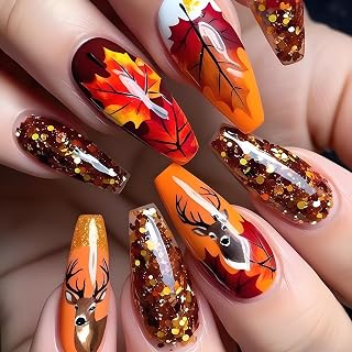 Autumn Press on Nails Medium Square 3D Fake Nails Cute Deer Nails Press ons With Gold Glitter Maple Leaves Design Bling Red Brown Acrylic Glue On Nails Artificial Stick on Nails for Women 24Pcs