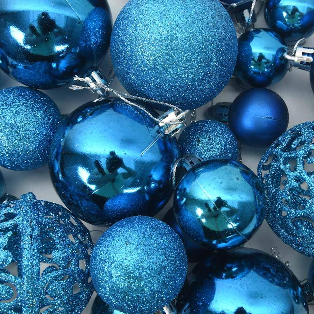 100-tlg. Weihnachtskugel Set Blau aus Kunststoff und PVC, 3 Größen 3 bis 6 cm, mit Aufbewahrungsbox, weihnachtsbaumschmuck christbaumschmuck für tannenbaum advent festtag dekoration