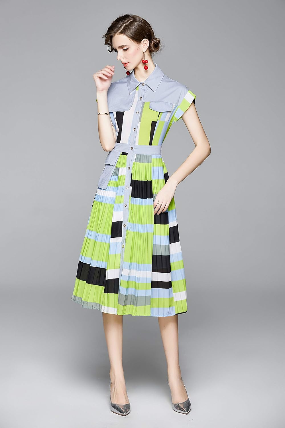 LAI MENG FIVE CATS Women's Short Sleeves Collar Shirt Printed Buttons Casual Midi Dress with Belt - Image 2