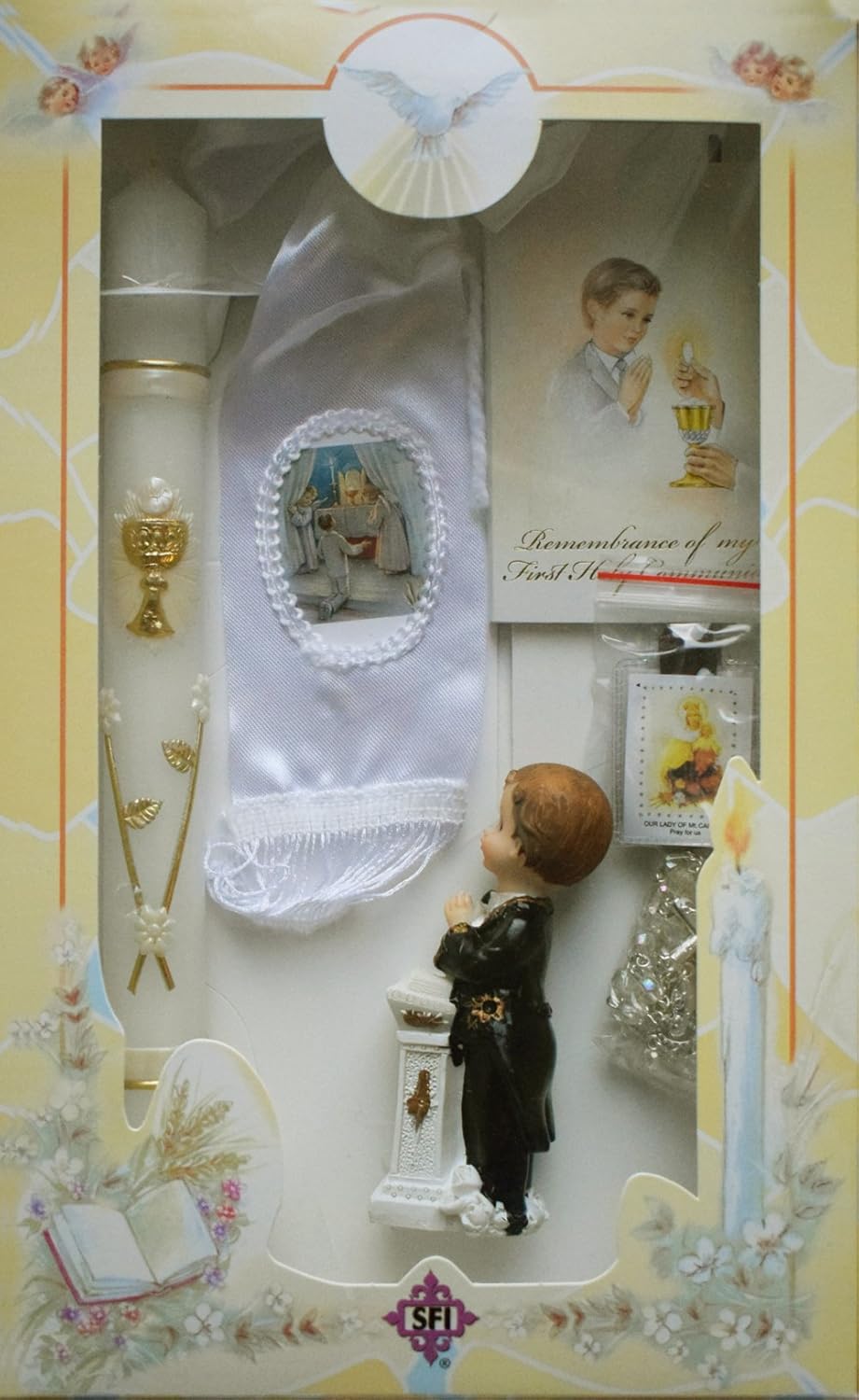 New Boys First Holy Communion Complete Candle Gift Set Keepsake Figurine in English Rosary Boxed