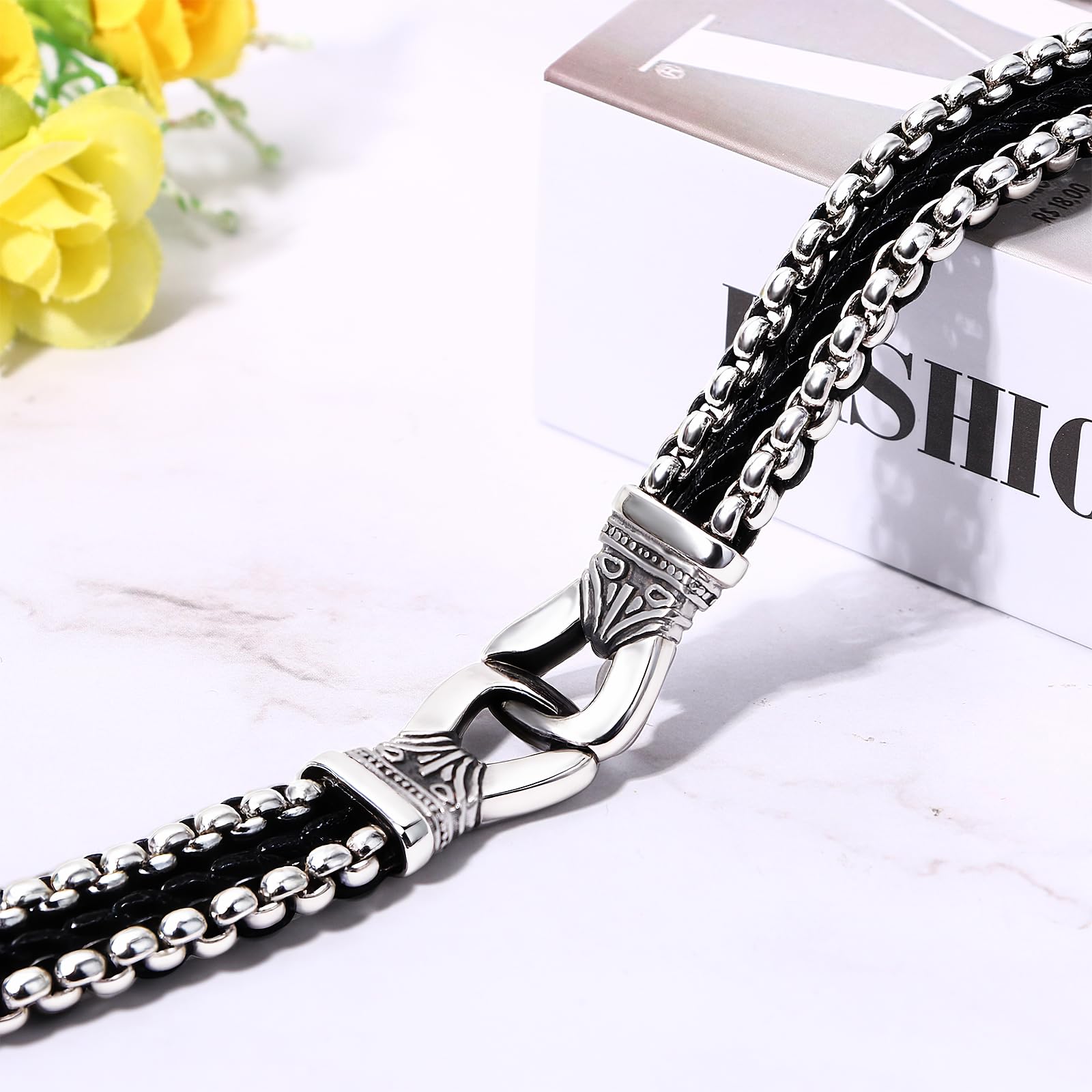 Cupimatch - Pulsera para hombre, piel trenzada, pesada, 316L, acero inoxidable, pulido masculino, clásico, punk plateado, con tarjeta, regalo de cumpleaños, día del padre, Cuero